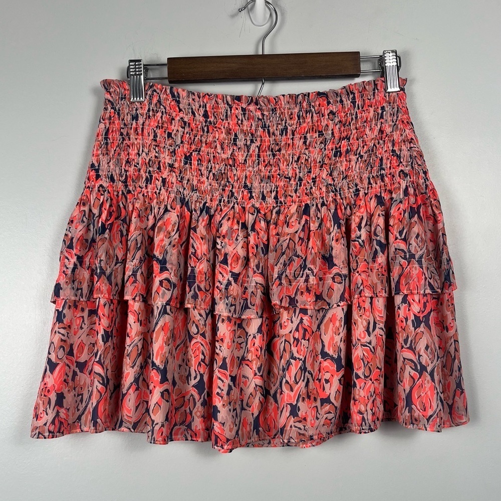 RAMY BROOK Leaf Printed Ronnie Skirt Ruffle Tiered Flirty Smocked Mini Skirt L